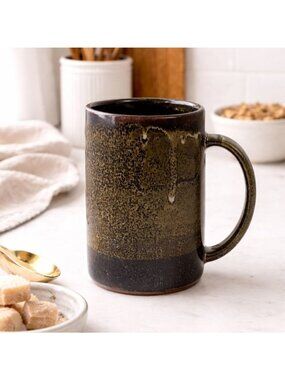 Handcrafted Vintage Ceramic Mug With Earthy Drip Glaze 5" Tall X 3.25" Diameter